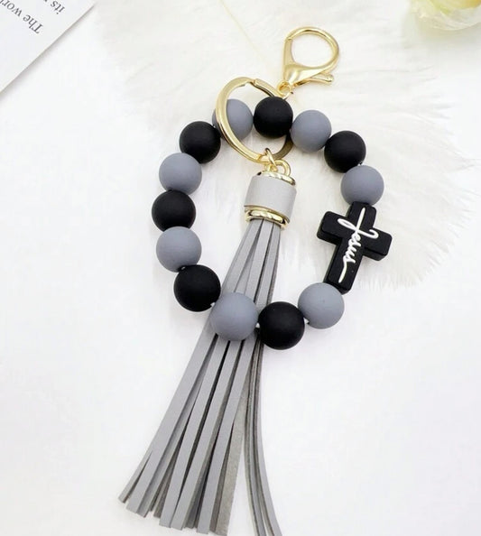 Cross Silicone Beaded Bracelet With Tassel Keychain